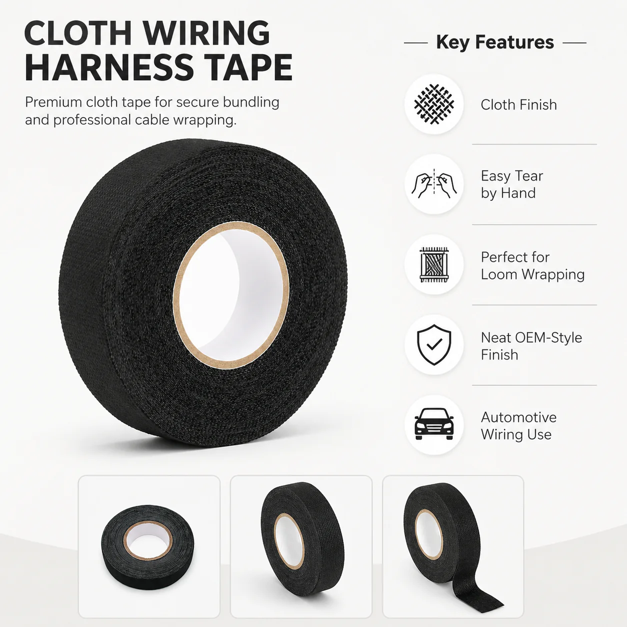 Cloth Fabric Wiring Tape – 15m x 19mm (Pack of 10) - Image 3