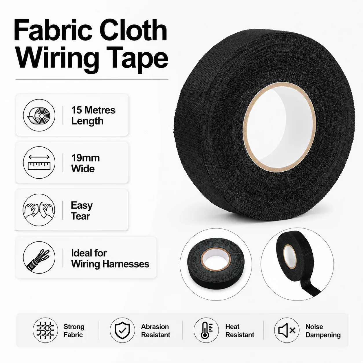Cloth Fabric Wiring Tape – 15m x 19mm (Pack of 10) - Image 4