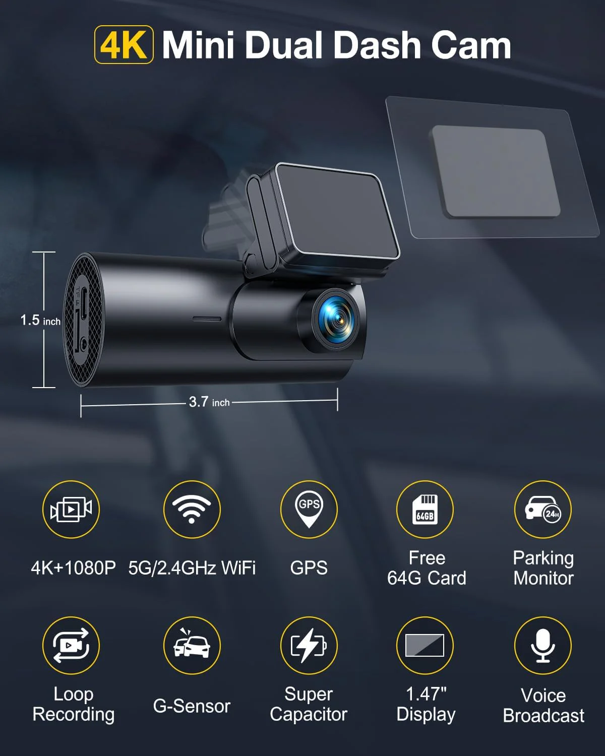 GKU 4K Dash Cam Front and Rear,1.5” IPS Mini Dashcam for Cars with 64GB SD Card, 24H Parking Mode, Night Vision, WDR, 170° Wide Angle - Image 5